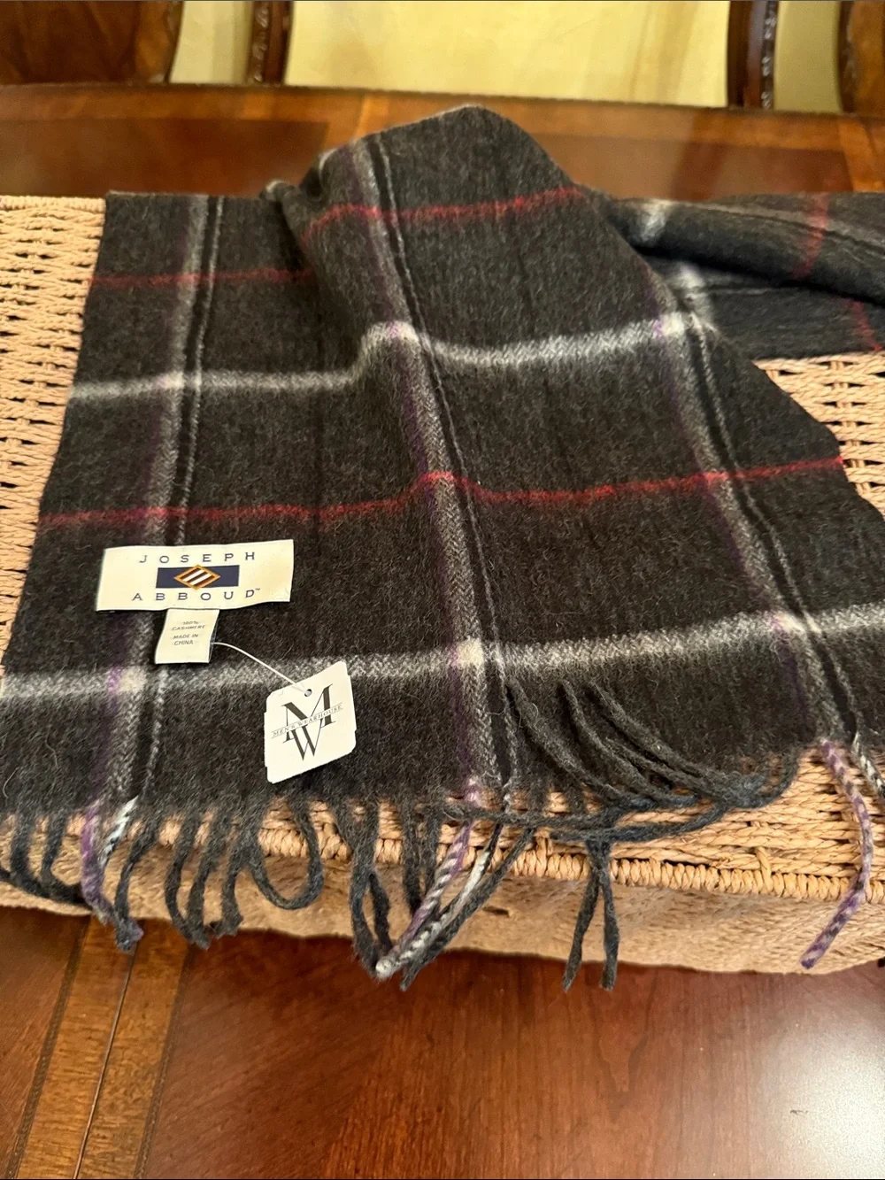 Joseph Abboud Black Plaid Cashmere Scarf with Purple Accents